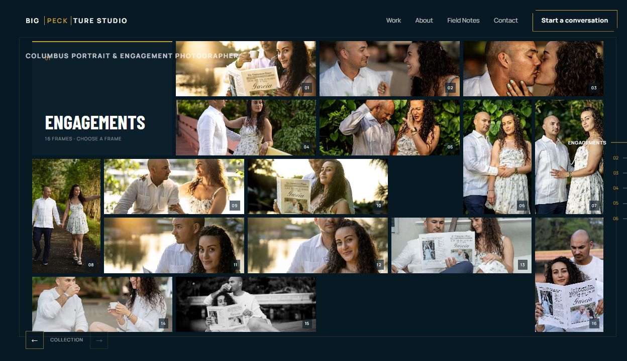 Big Peckture Studio engagement collection opened as a numbered contact sheet inside the homepage.