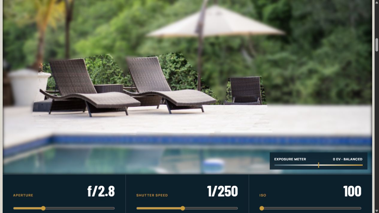 Interactive exposure triangle simulator showing a poolside photograph, exposure meter, and controls for aperture, shutter speed, and ISO.