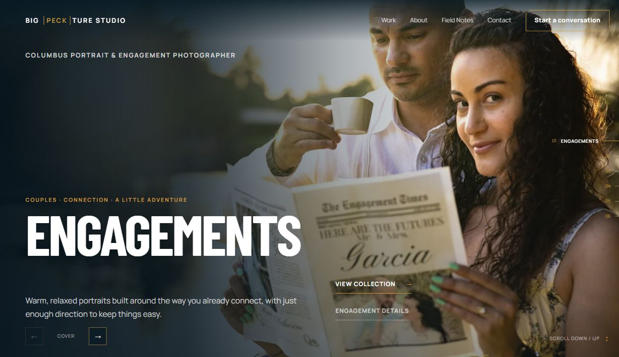 Big Peckture Studio homepage showing the Engagements chapter over a full-screen portrait of a couple reading a newspaper.