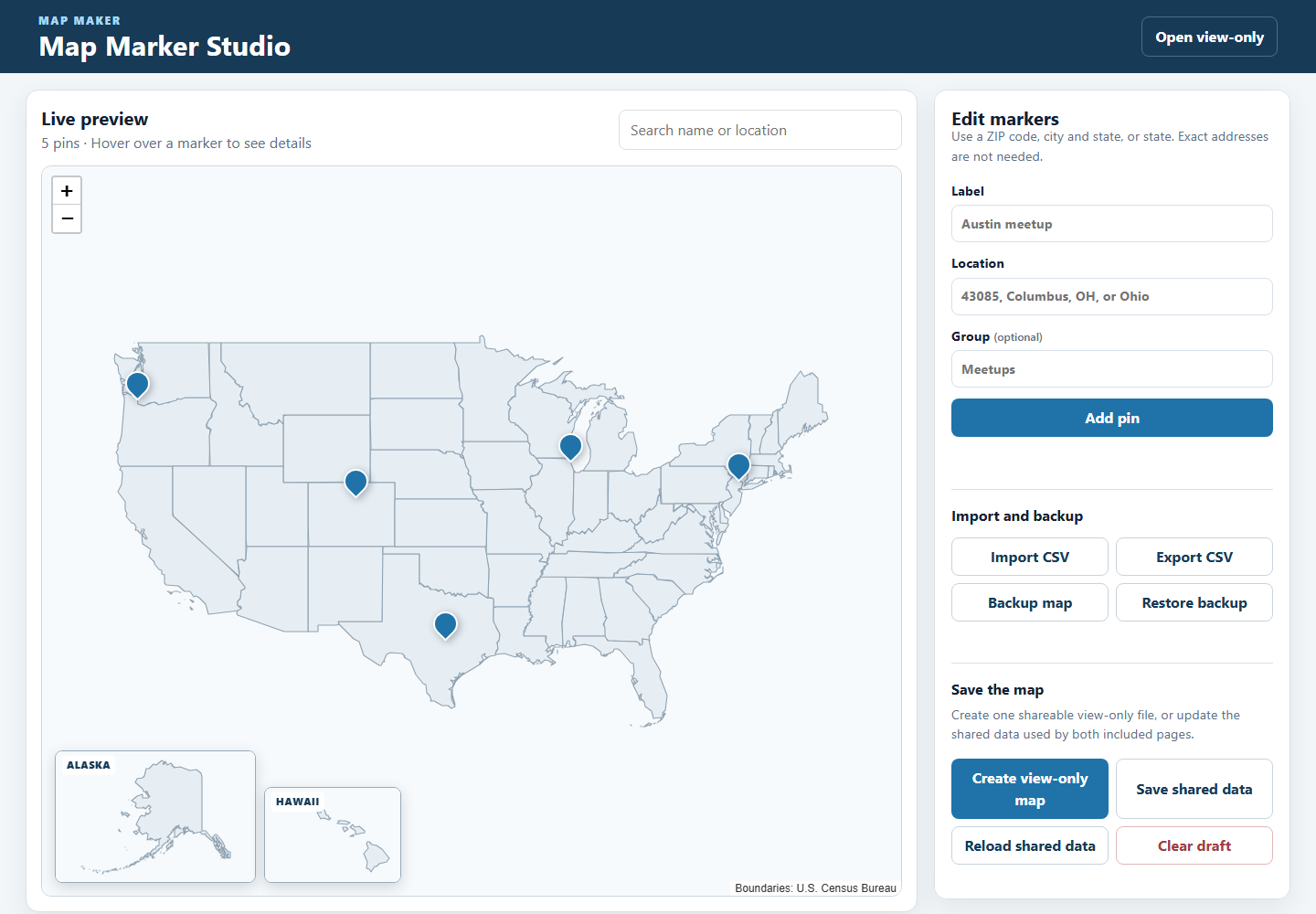 Map Marker Studio editor showing example pins across the United States and the editing panel.