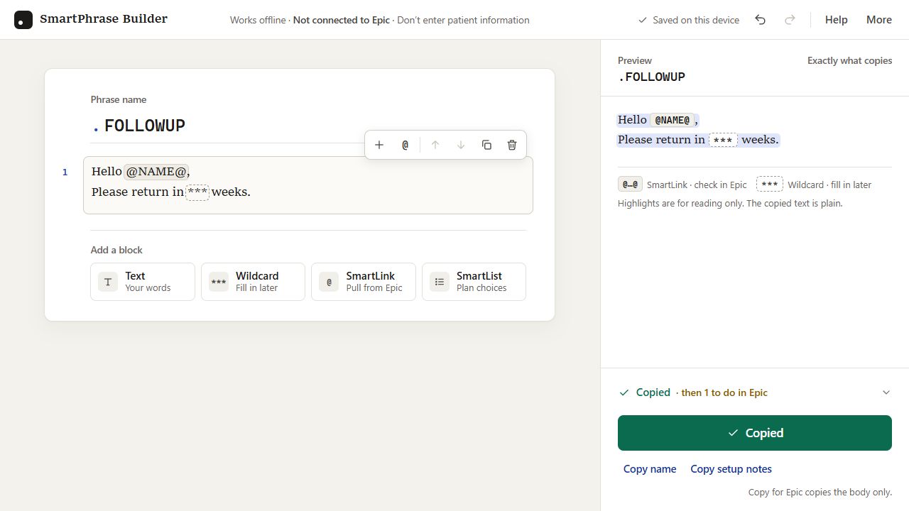 SmartPhrase Builder showing a phrase editor, plain-text preview, and copy controls.