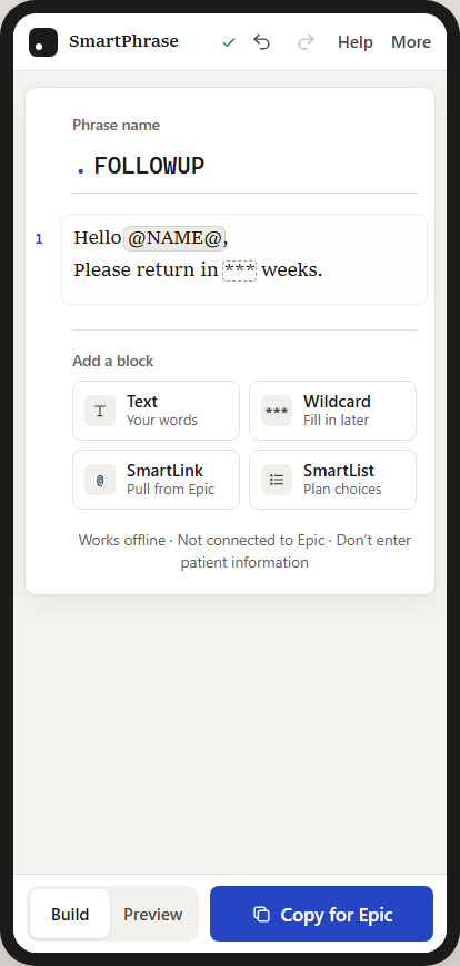 SmartPhrase Builder at phone width