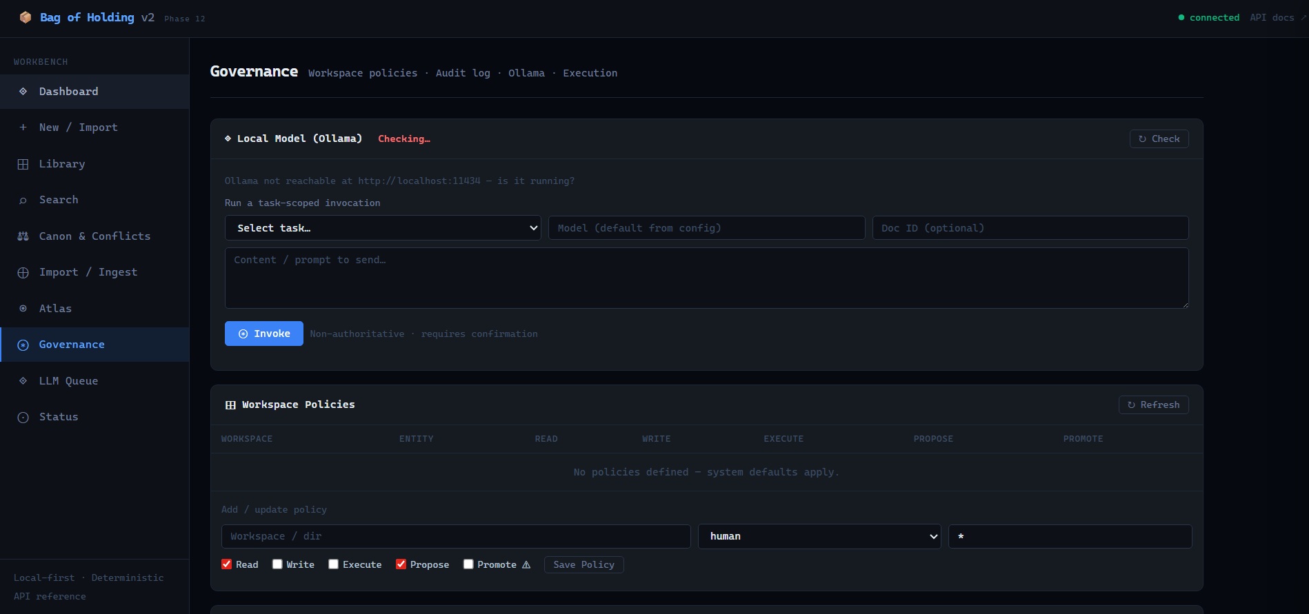 Governance — Ollama invocation panel with task-scoped execution and workspace policies