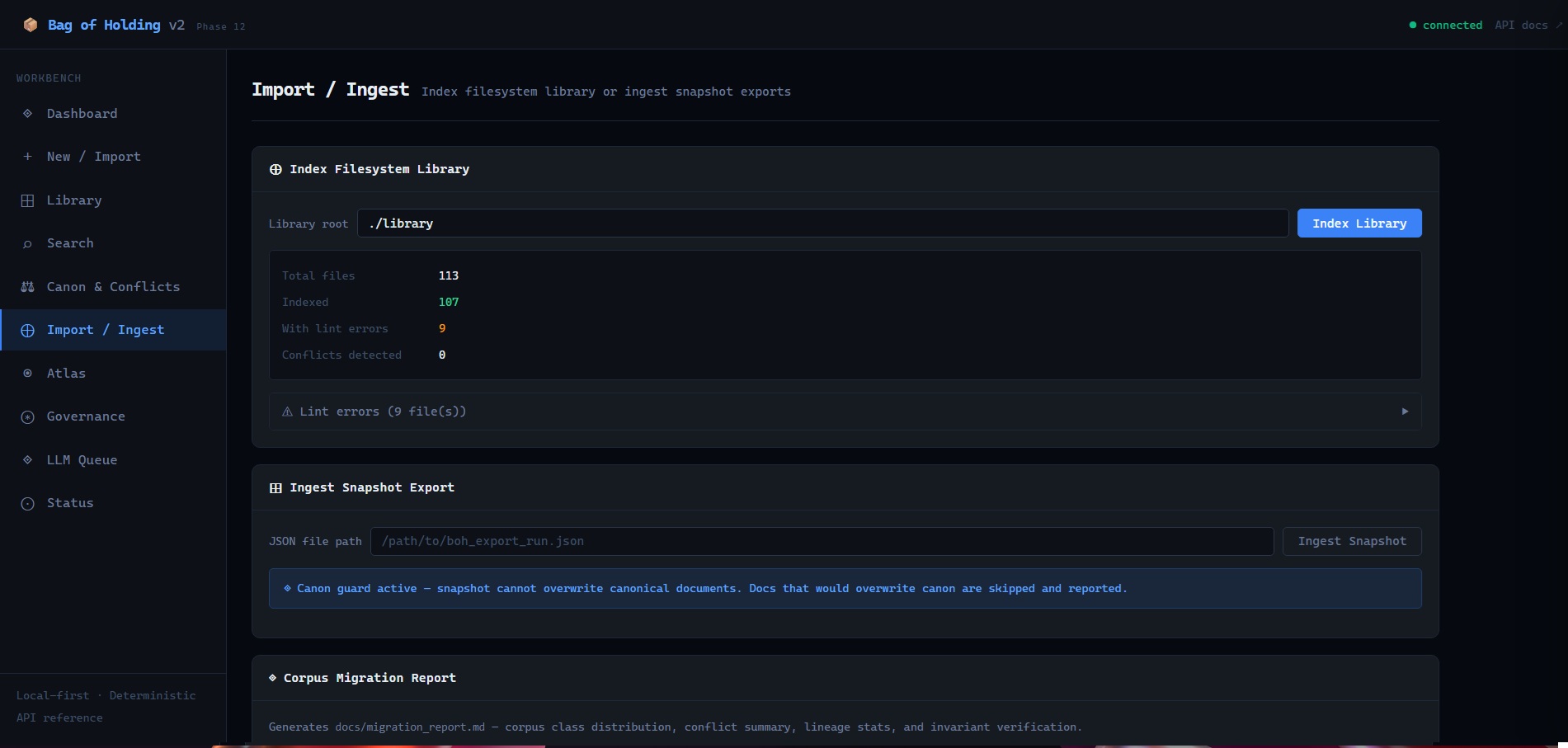Import / Ingest — filesystem indexing with canon guard active