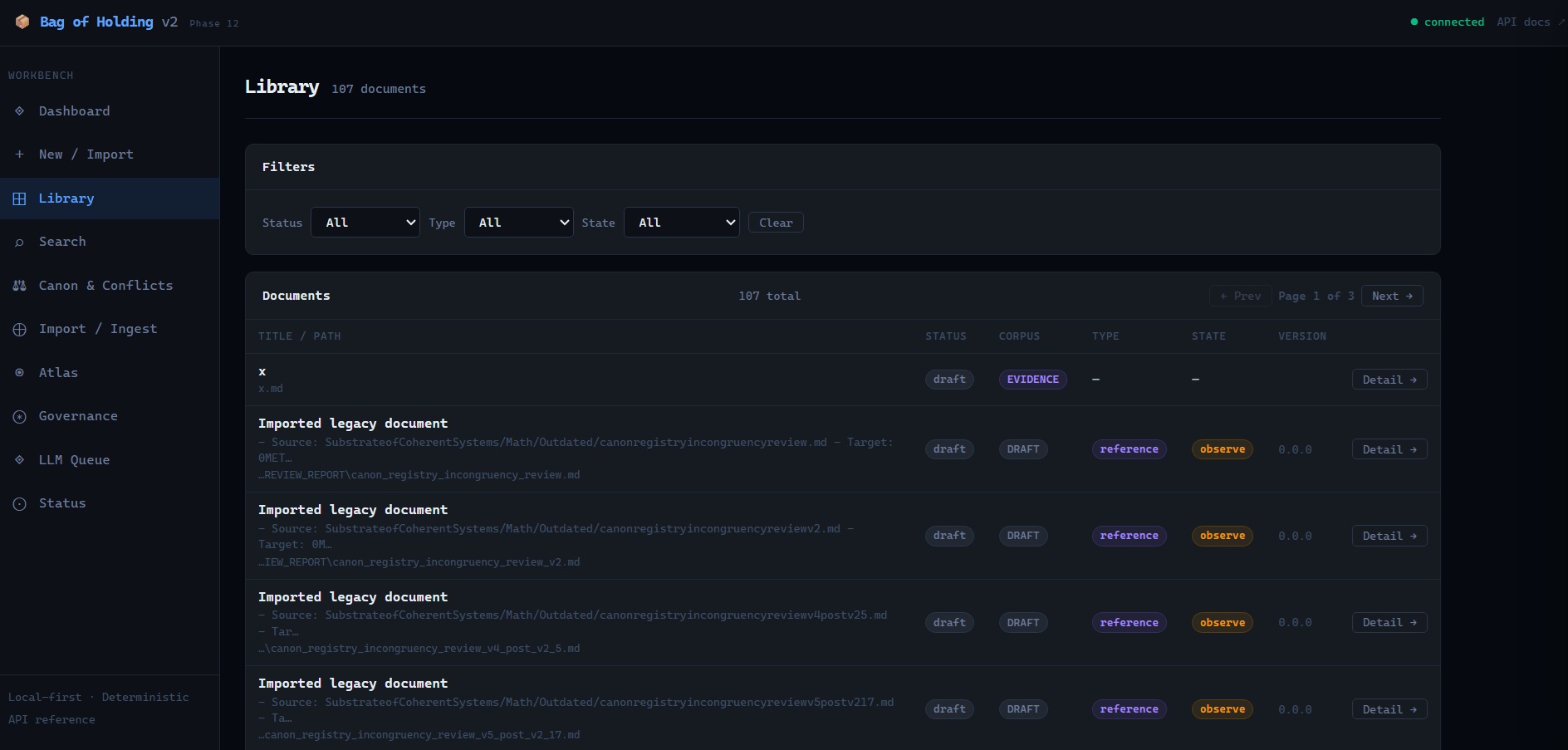 Library — 107 documents with status, corpus class, type, and lifecycle state filters