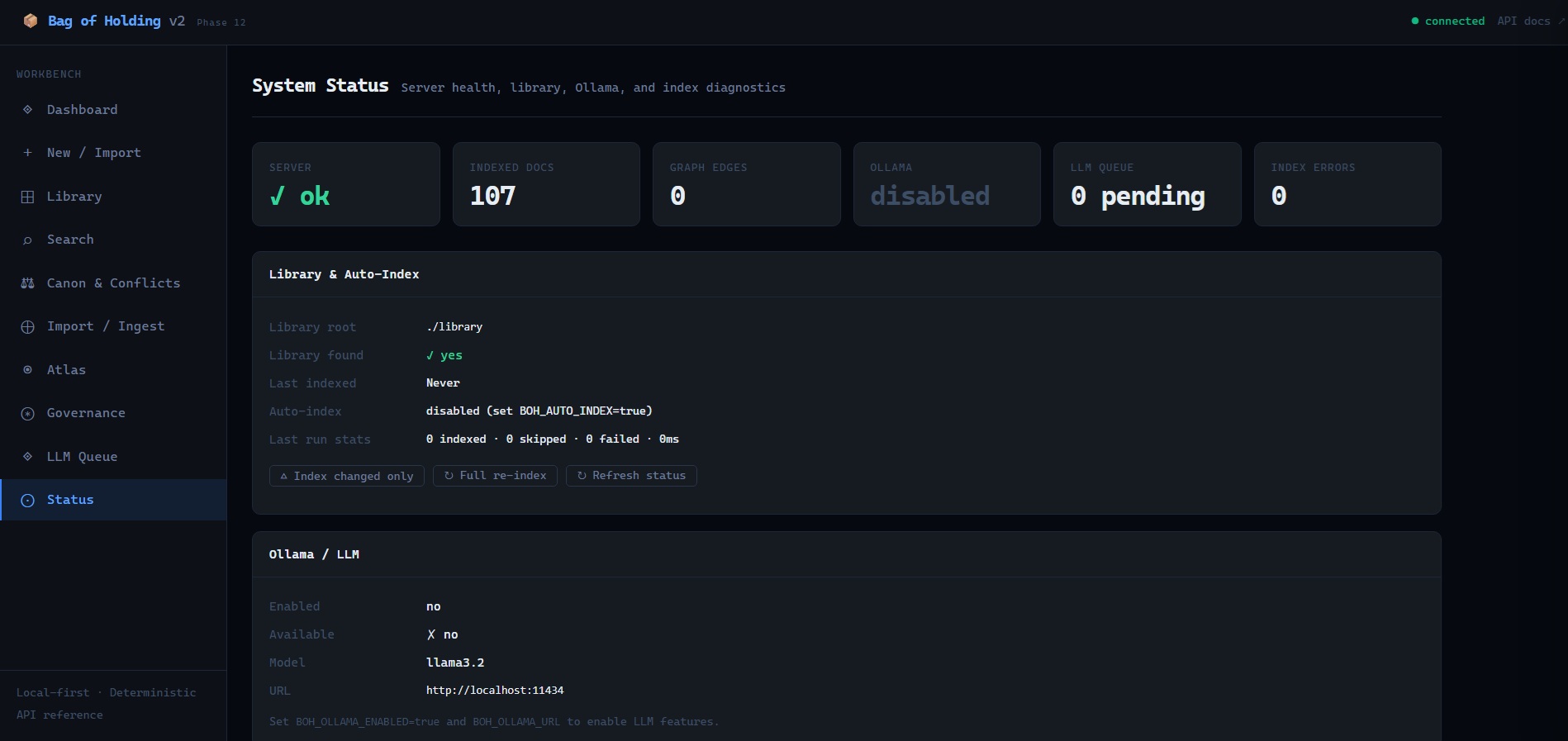 System Status — server health, library path, Ollama availability, index diagnostics