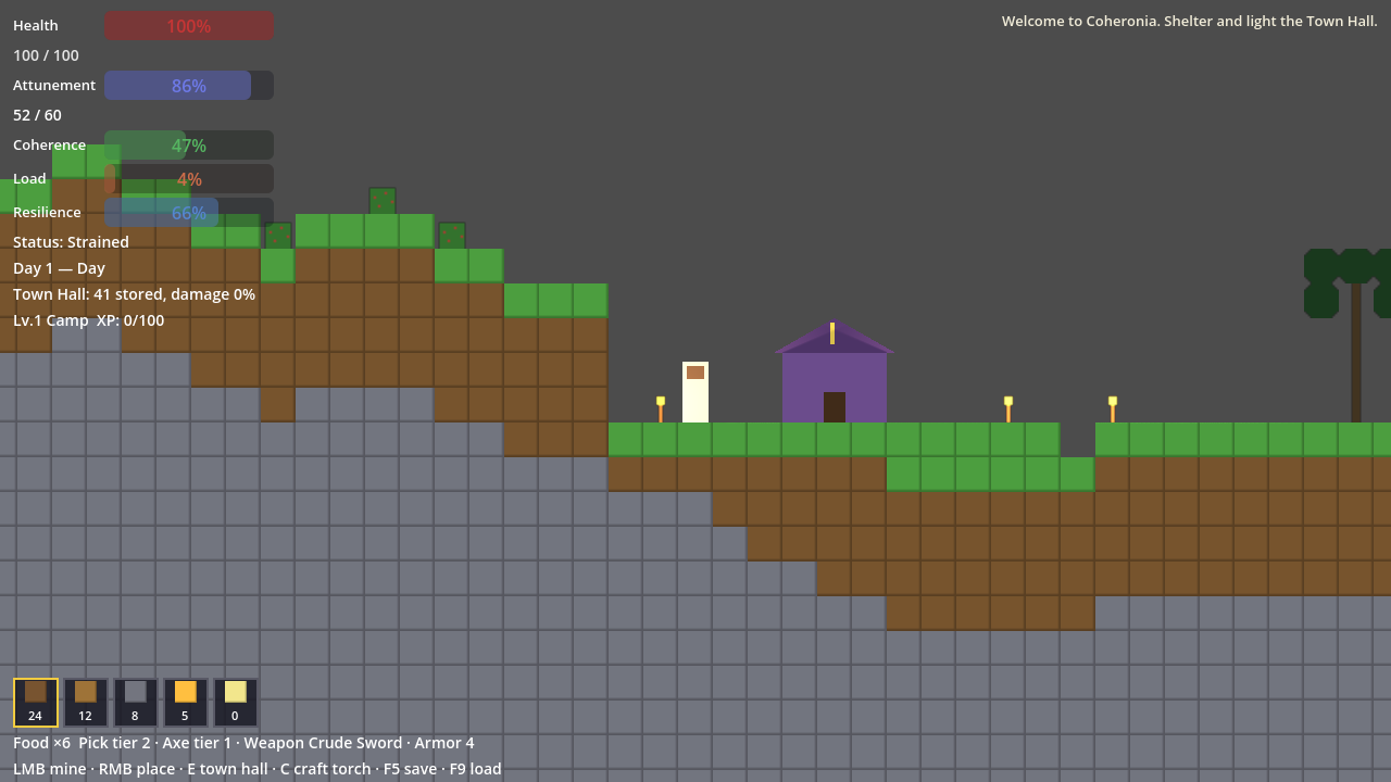 Coheronia daytime settlement with a Town Hall, torch line, HUD bars, and toolbelt.