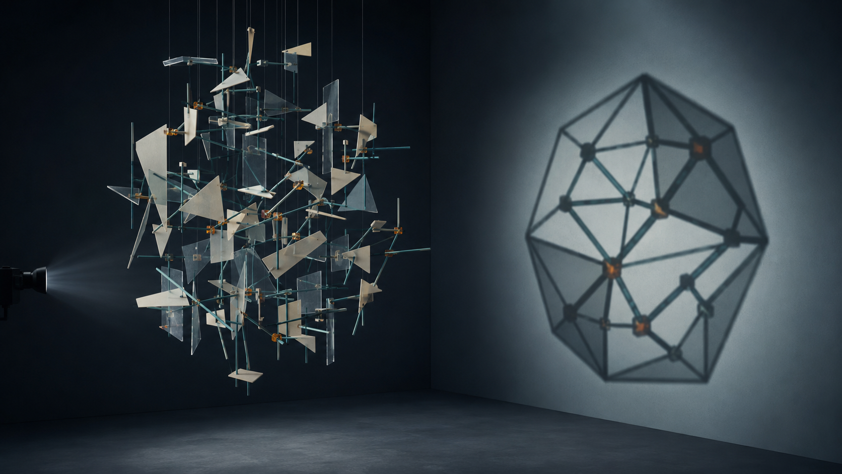 A suspended cluster of fragmented geometric planes casting the shadow of a coherent polyhedral form.