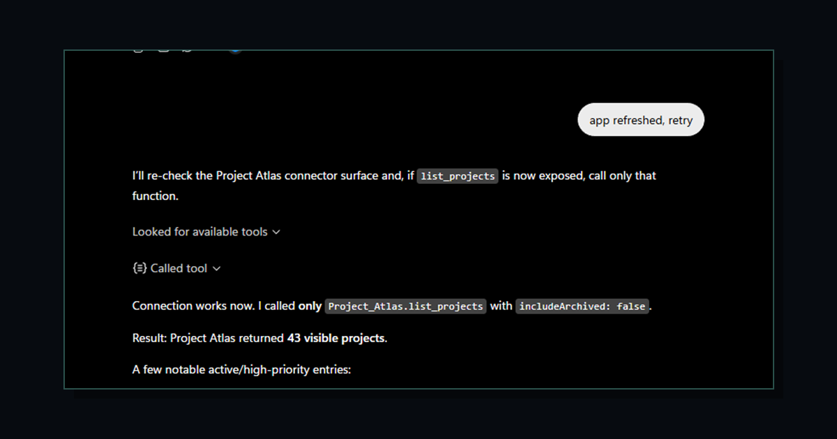 ChatGPT successfully calling a read-only Project Atlas MCP connector.