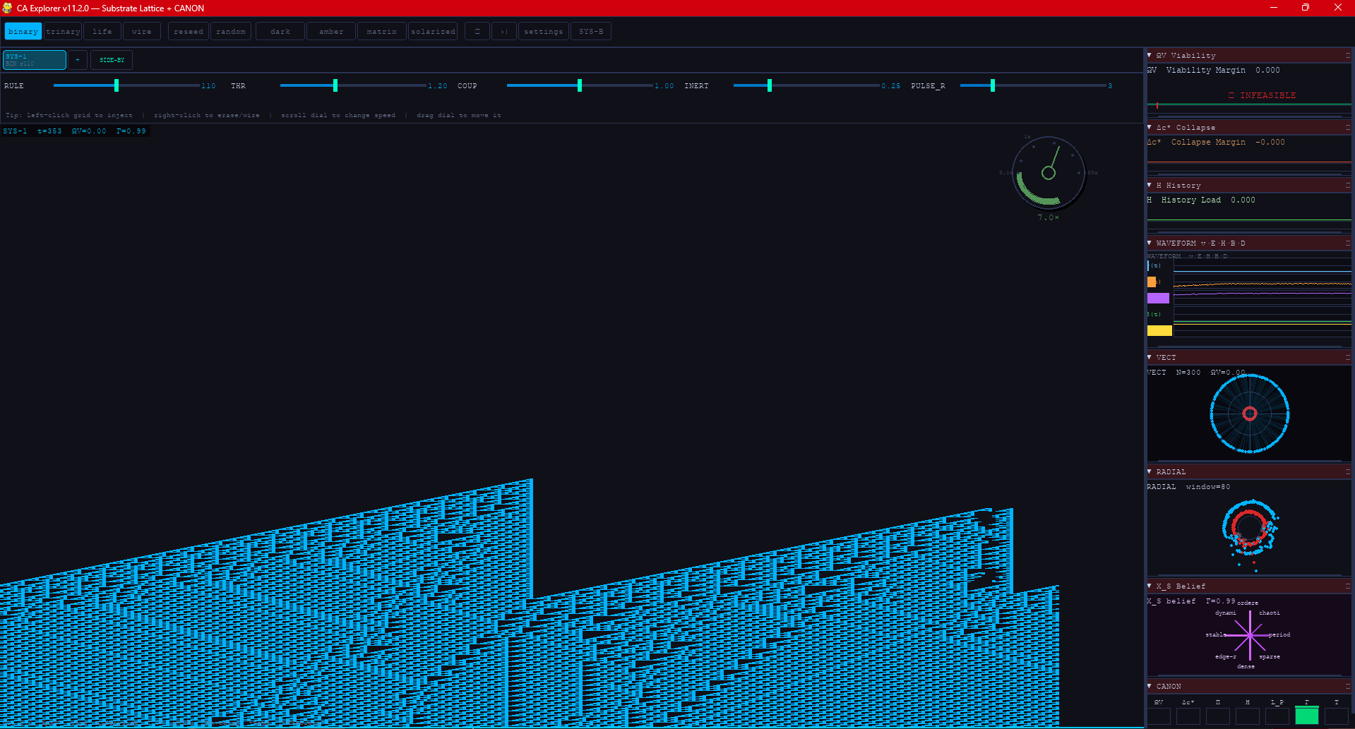 CA Explorer Binary mode showing Rule 110 cellular automata and CANON viability panels.