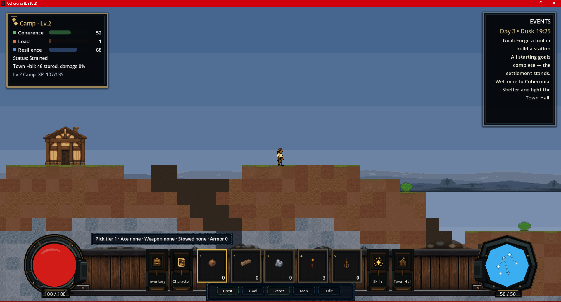 Coheronia live gameplay UI with settlement status, event panel, player dock, health vessel, and attunement vessel.