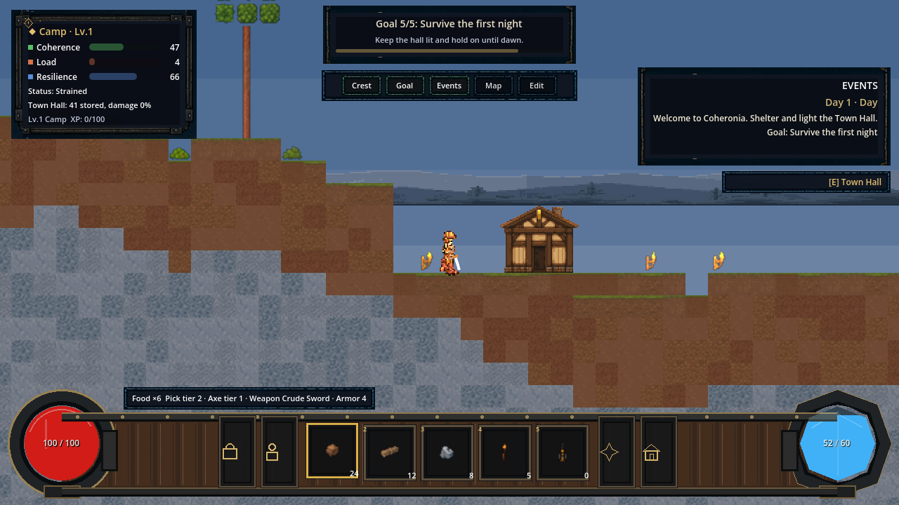 Coheronia settlement scene showing the side-view terrain, interface, and survival state during daytime play.