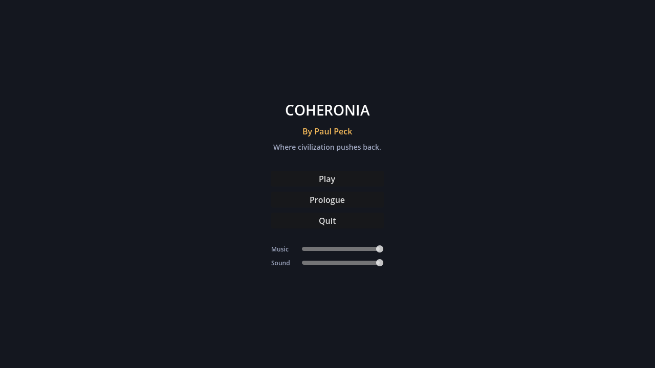 Coheronia shell title screen showing the persistent game shell entry point.