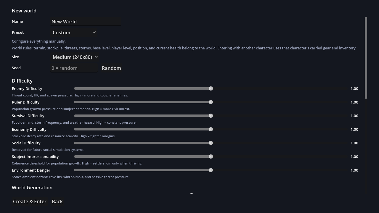 Coheronia world creation screen with settlement, difficulty, and simulation configuration controls.