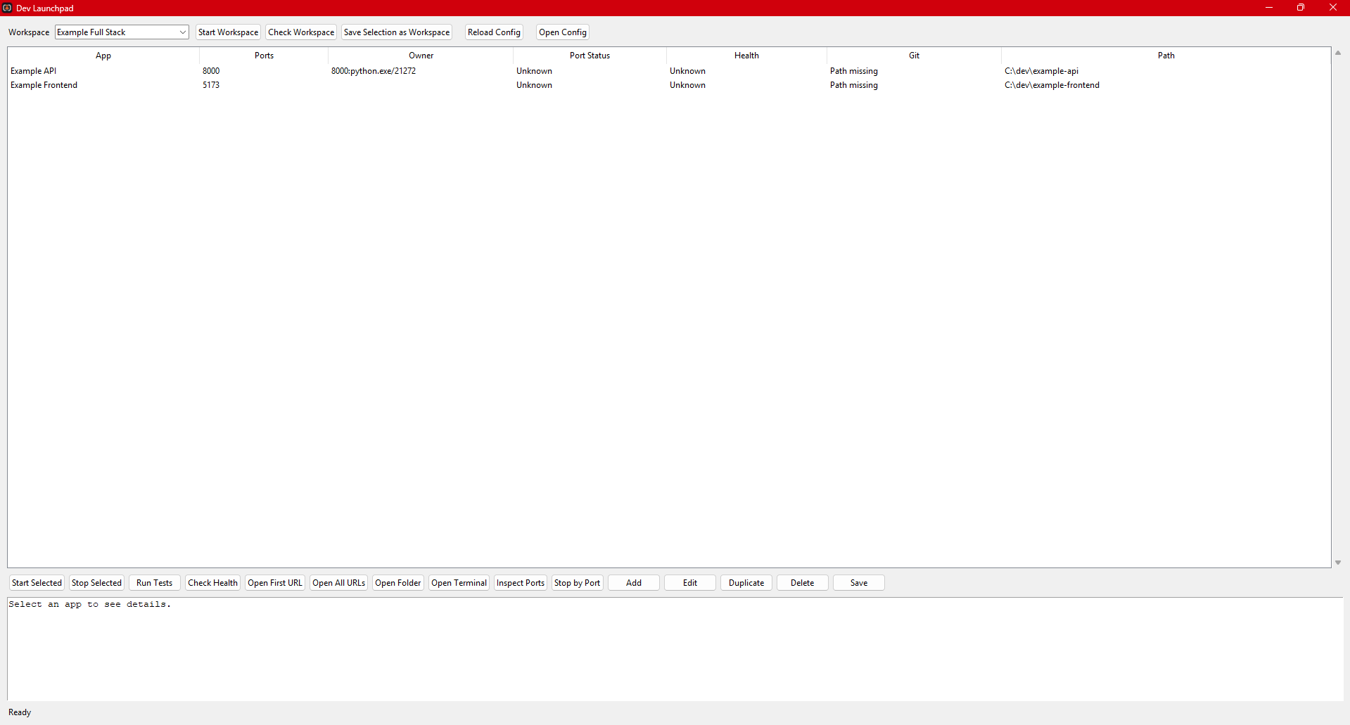 Dev Launchpad Windows control panel for starting local workspaces, checking ports, and opening project URLs.