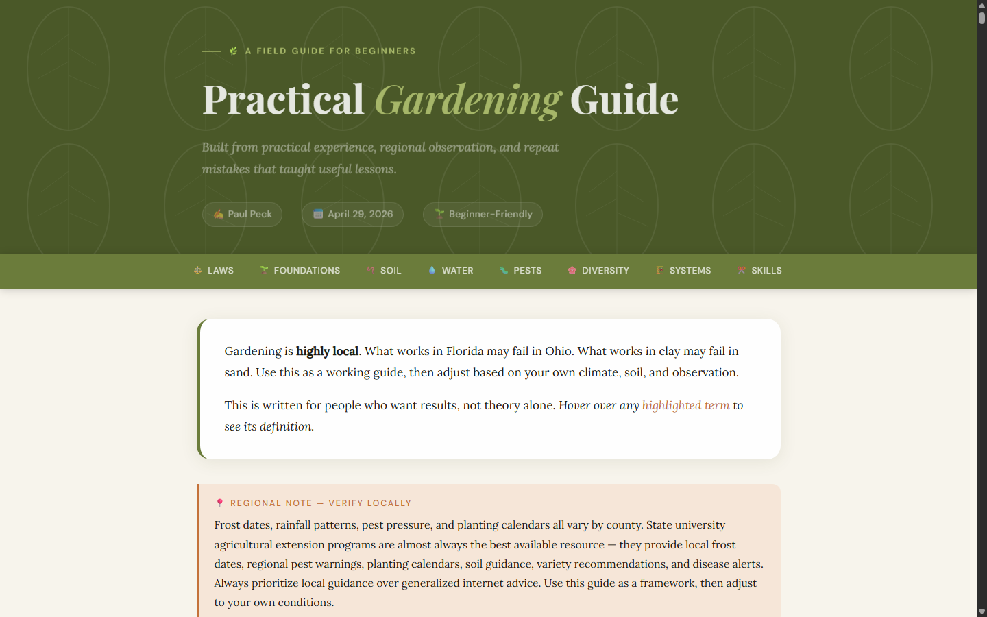 Practical Gardening Guide cover with earth-toned color palette and serif typography