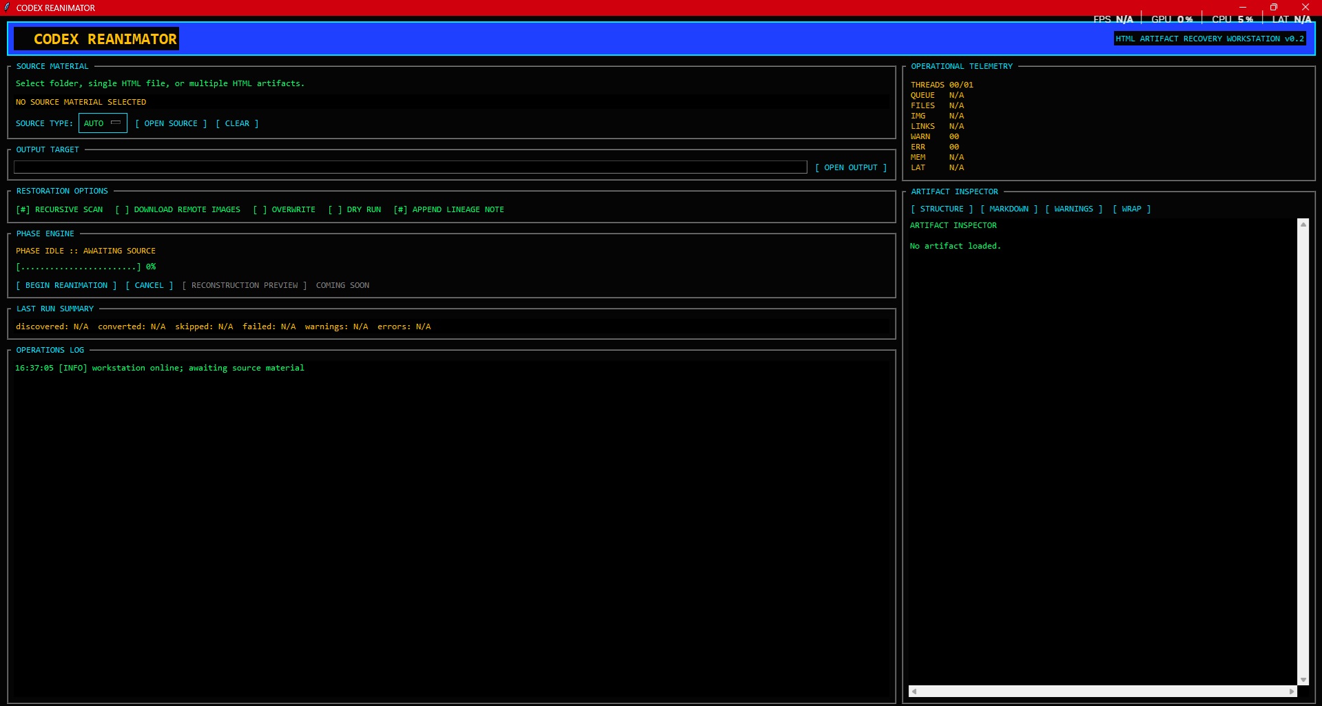 Codex Reanimator workstation interface for converting messy HTML artifacts into reviewable Markdown.