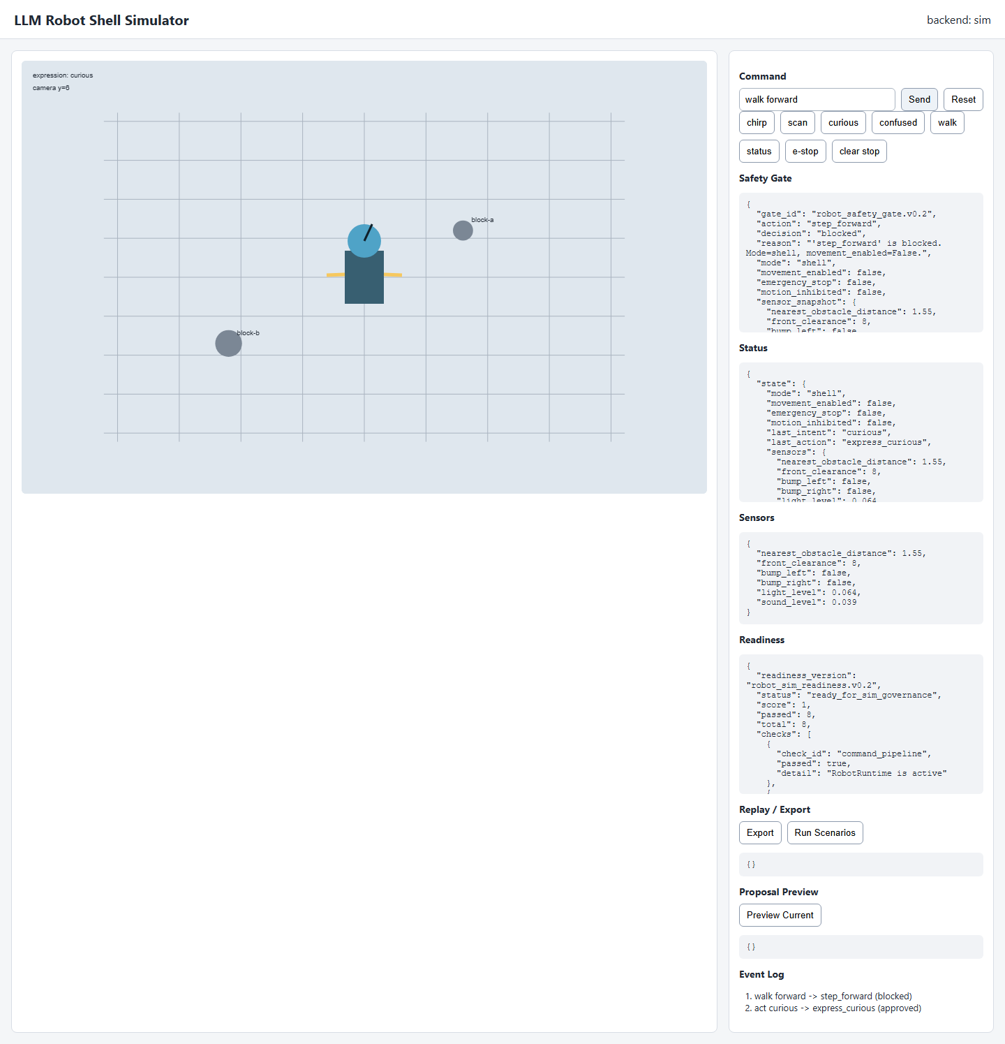 Governed Robot Shell dashboard showing approved and blocked command flow.