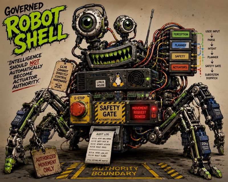 Governed Robot Shell architecture diagram showing Perception, Parse, Intent, Planner, Safety Gate, and Subsystem Dispatch, with labels for Authority Boundary, Audit Log, and E-stop override.
