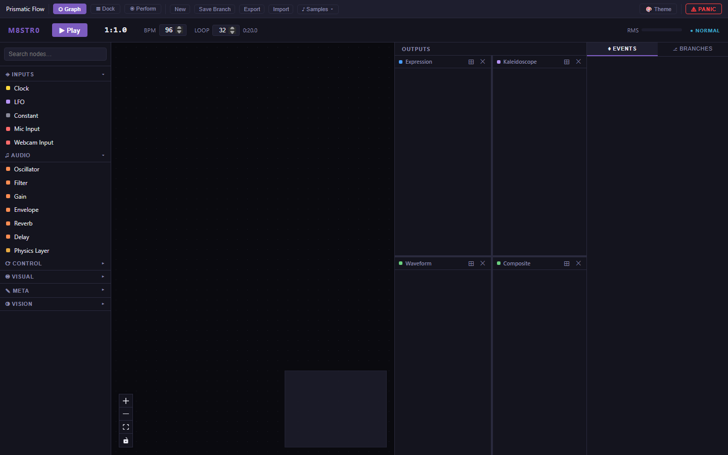 M8str0 node graph canvas with synthesizer controls and WebGL visual panels