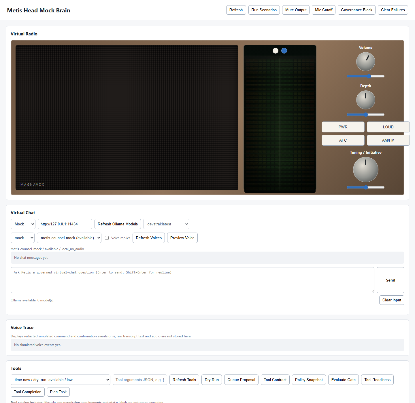 Metis Head mock Brain dashboard showing simulated voice trace and governed tool review state.