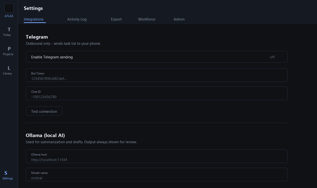 Project Atlas Settings screen