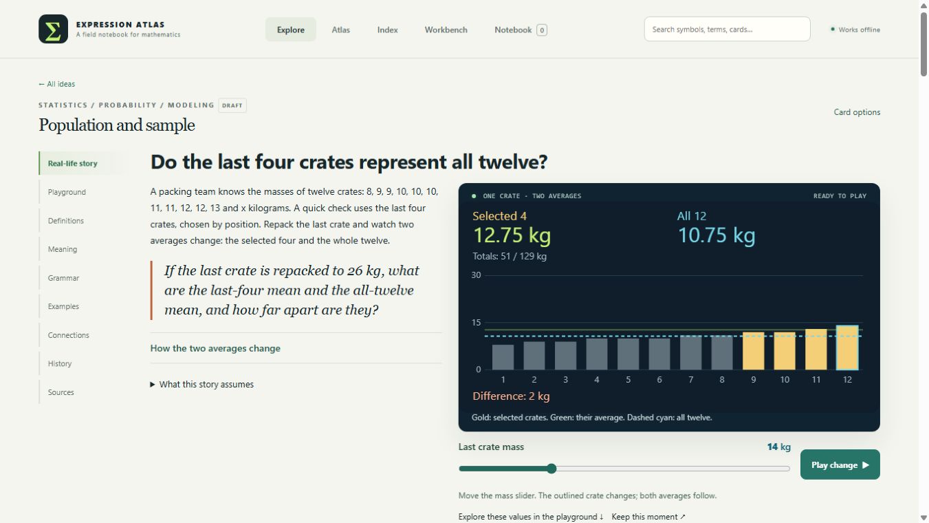 The crate lesson shows one mass slider and a shared large comparison of four selected crates with all twelve.